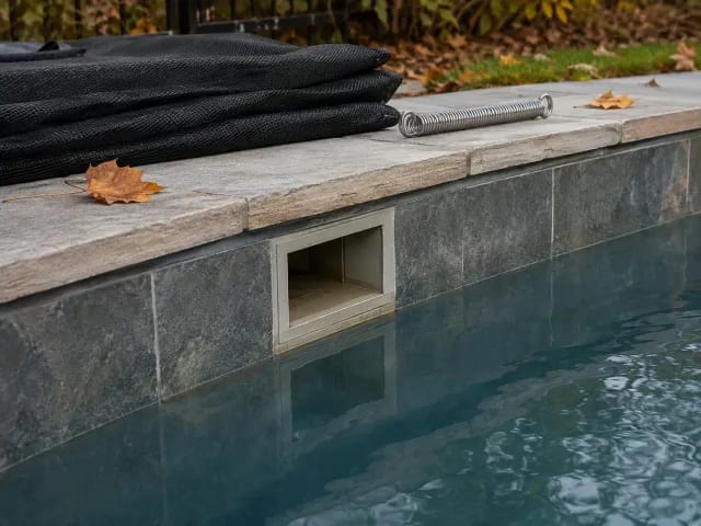 Lowered inground pool waterline below a skimmer beside a folded mesh safety cover