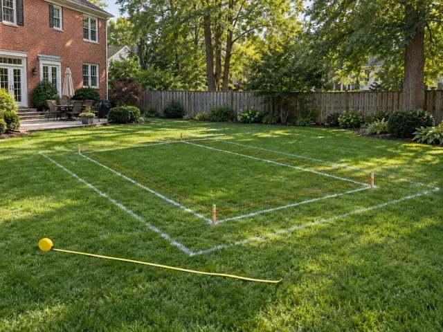 Pool and deck outline painted on a backyard lawn with wooden corner stakes, orange string lines, and a measuring tape.