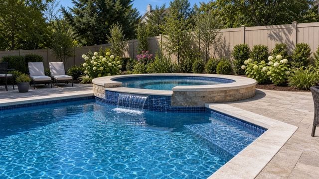 Attached raised gunite spa spilling into an inground pool in a landscaped suburban backyard