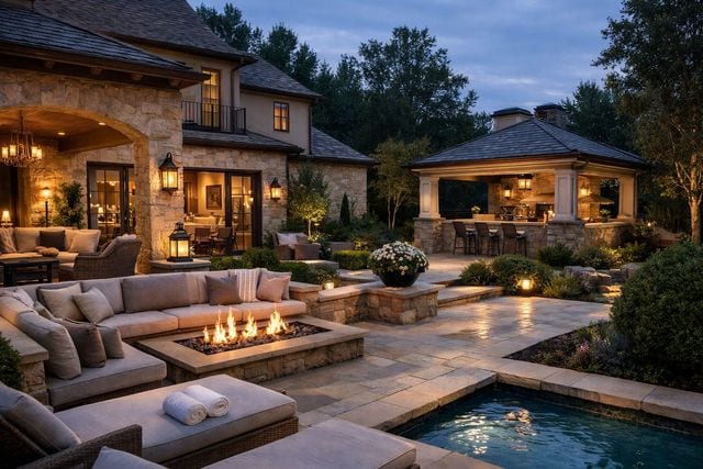 Luxury stone-clad home at dusk with an elaborate backyard featuring a pool, built-in fire pit lounge, outdoor kitchen pavilion, and landscape lighting on a large travertine patio