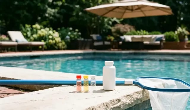 Pool clarifier bottle, test kit, and skimmer net on stone coping beside an inground pool under a shade umbrella