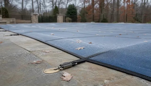 Taut blue-gray mesh pool safety cover with frost and fallen leaves, spring strap anchored to a stone deck