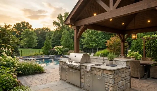 Covered outdoor kitchen with a stone island and grill beside an inground pool in a landscaped backyard at dusk