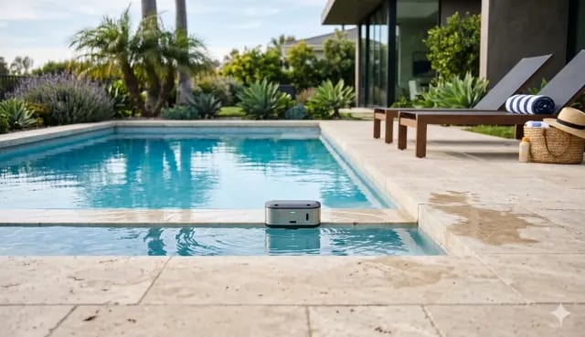 Compact pool alarm device mounted at the water's edge beside a backyard swimming pool.