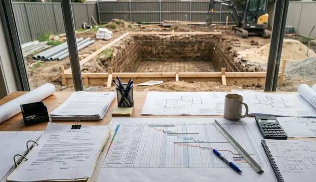 Desk with permits, blueprints, and a construction schedule overlooking an unfinished pool excavation.