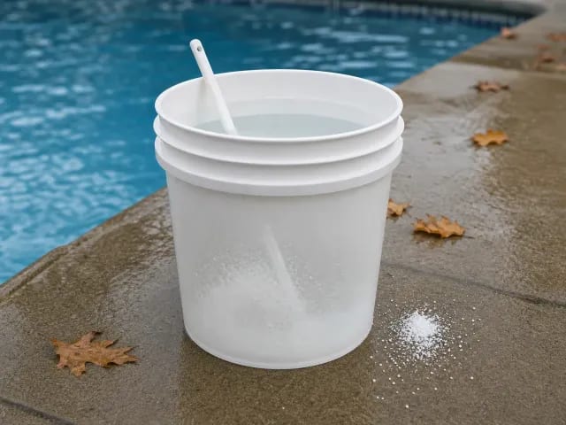 White granular pool chemical dissolving in a bucket of water with a plastic stir paddle