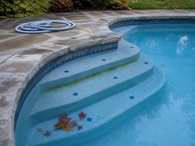 Early algae film on submerged pool steps beside fallen leaves before closing