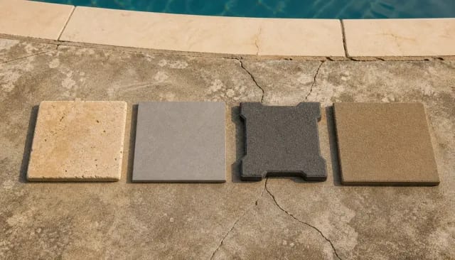 Four pool deck material samples laid in a row on a cracked concrete deck beside coping