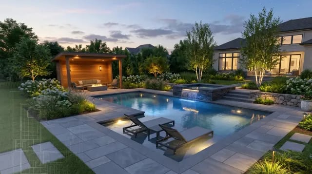 3D rendering of a custom backyard pool design with a spillover spa, paver deck, and landscape lighting at dusk