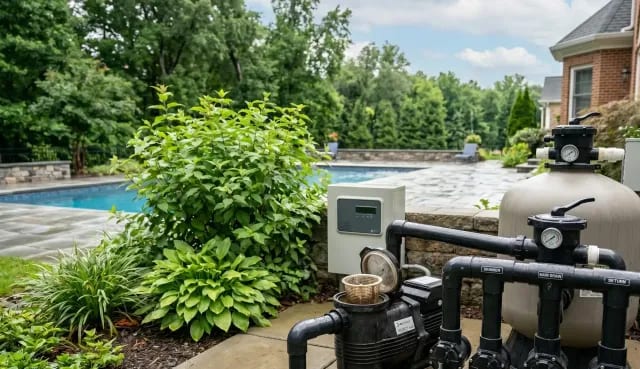 Pool equipment pad with black valves, a pump, and a filter beside an inground pool in a landscaped backyard