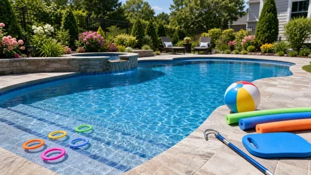 Backyard inground pool with pool noodles, diving rings, kickboard, beach ball, and rescue hook