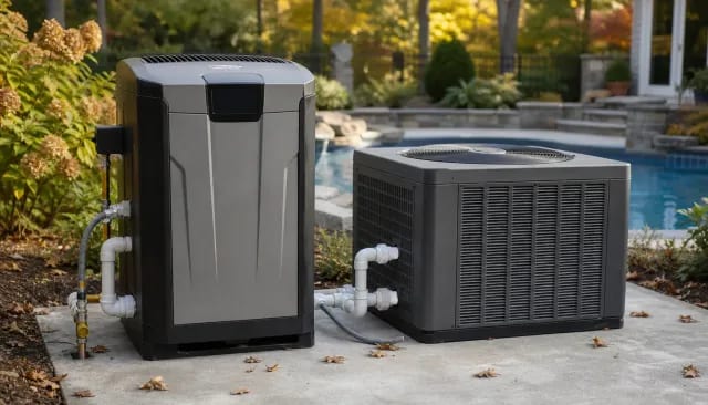 Gas pool heater and low-profile heat pump side by side on a concrete equipment pad