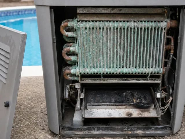 Corroded copper heat exchanger with green-white oxidation inside an open gas pool heater cabinet