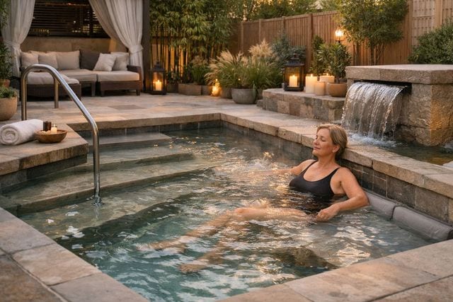 Woman relaxing in an outdoor spa pool with a stone waterfall and candles during hydrotherapy in the evening