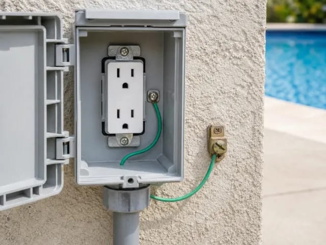Open weatherproof poolside outlet box with a green bonding wire running out to a brass bonding lug