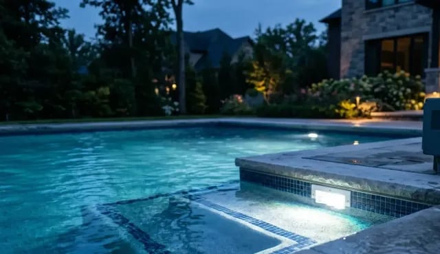 Illuminated pool steps and control box beside a backyard pool at dusk