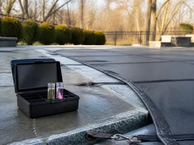 Unbranded water test kit beside a frost-edged safety cover during winter