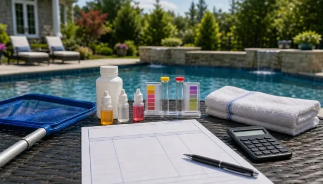 Pool water test kit, chemicals, skimmer net, towels, and a calculator on a patio table beside an inground pool.