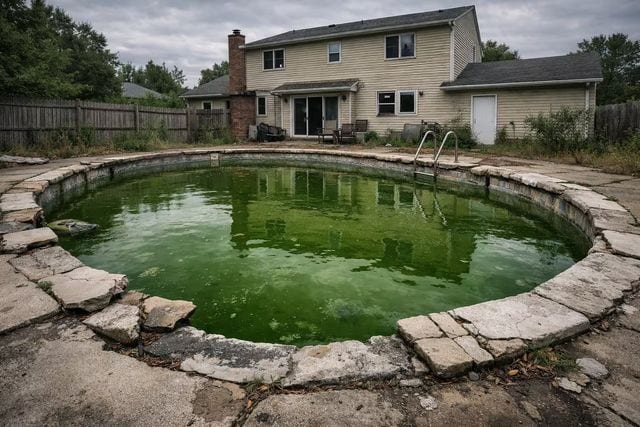 Severely neglected round inground pool filled with dark green algae-infested water, surrounded by cracked and crumbling concrete coping with weeds growing through, in an overgrown and abandoned backyard beside a run-down suburban home under overcast skies