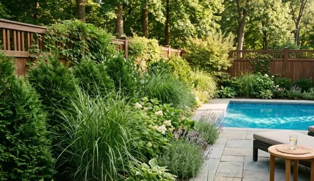 Dense privacy landscaping with ornamental grasses and shrubs surrounding an inground pool and stone deck