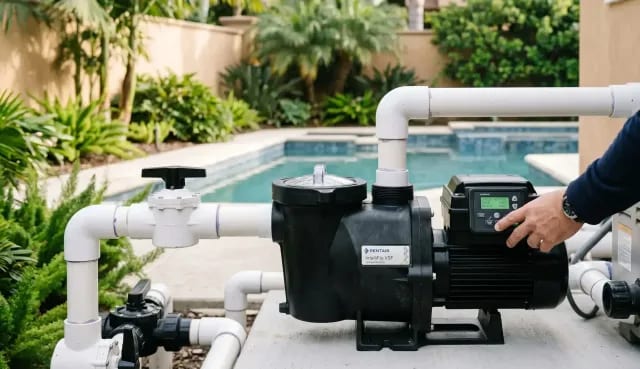 Technician pressing the control panel on a variable-speed pool pump on an equipment pad beside a backyard pool