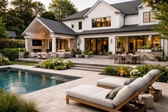 Elegant pool freshly opened for spring in front of a large white farmhouse with stone outdoor living area and lounge chairs
