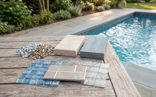 Pool renovation material samples — pebble aggregate, stone coping, and glass and porcelain tile — on wood decking beside a pool.