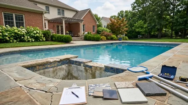 Residential swimming pool with worn tile, cracked coping, inspection tools, and renovation material samples