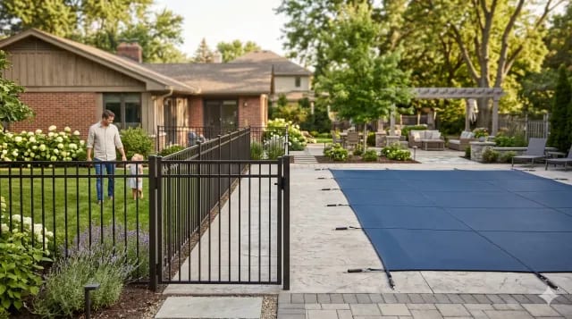 Backyard pool protected by both a black safety fence and a blue safety cover.