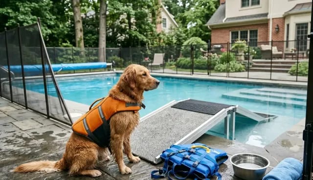 Golden retriever in an orange life vest beside an inground pool with a mesh safety fence, dog ramp, and water bowl