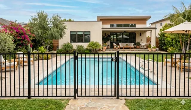 Black safety fence with latched gate enclosing a backyard swimming pool.