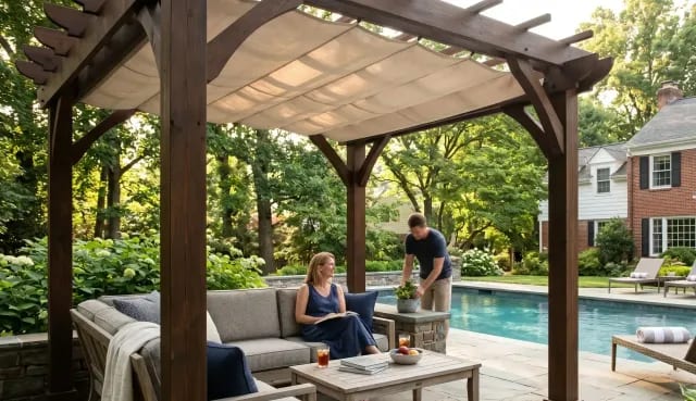 Wooden pergola shading an outdoor lounge area beside an inground pool in a landscaped backyard