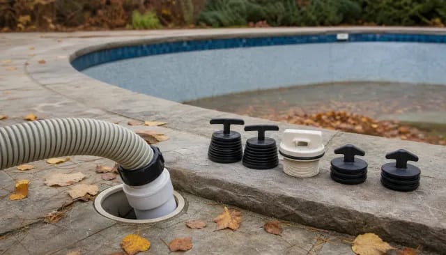 Blower hose in a pool skimmer with rubber expansion plugs and a threaded plug lined up on coping
