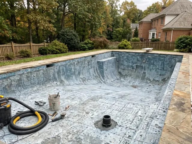 Drained inground pool shell prepared for resurfacing in a residential backyard