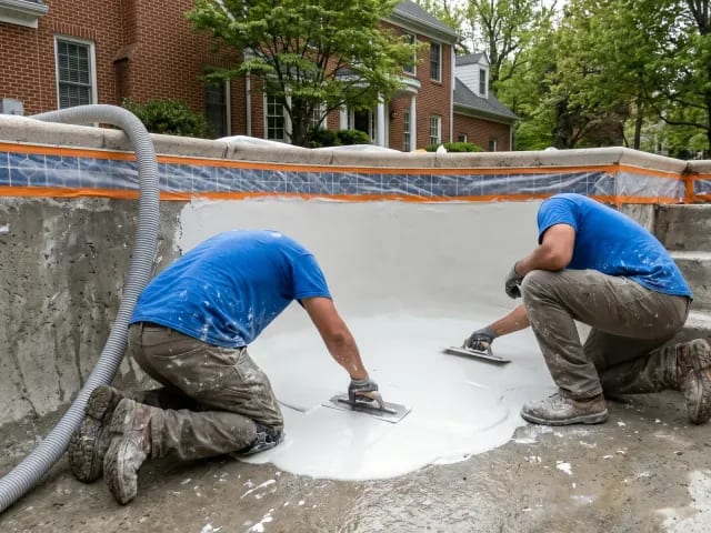 Pool plaster crew troweling a new white interior surface in a drained pool