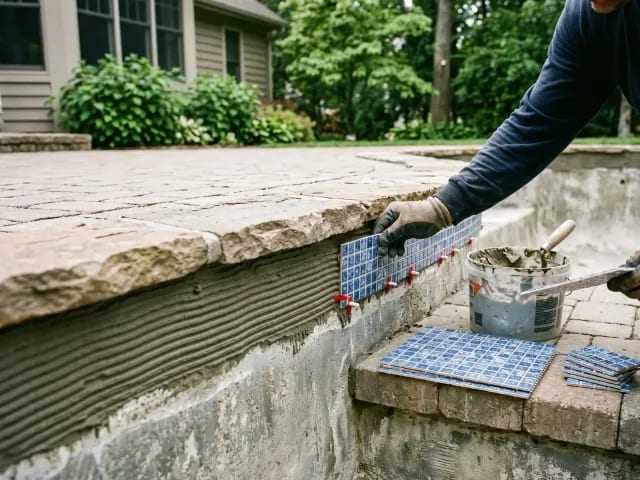 Worker setting new waterline tile beneath existing pool coping