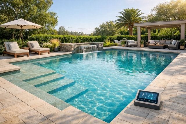 Crystal-clear saltwater pool with sun shelf entry steps, stone sheer descent waterfall, travertine deck, lounge chairs, and a salt chlorine generator controller on the coping beside a pergola and palm trees