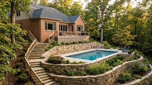 Inground pool built into a sloped lot with a tiered stone retaining wall