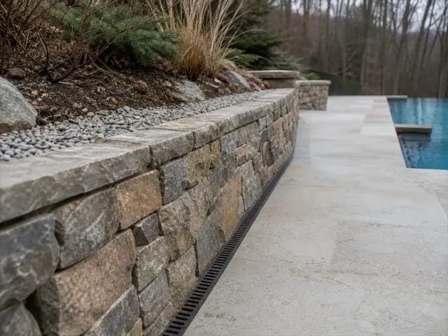 Stone retaining wall and drainage channel beside a terraced inground pool