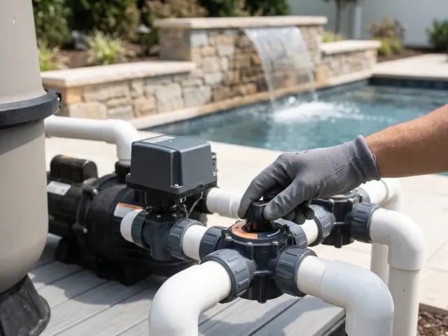 Pool water feature controls being commissioned at a clean equipment pad