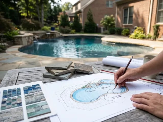 Designer sketching a pool water feature concept beside sample materials