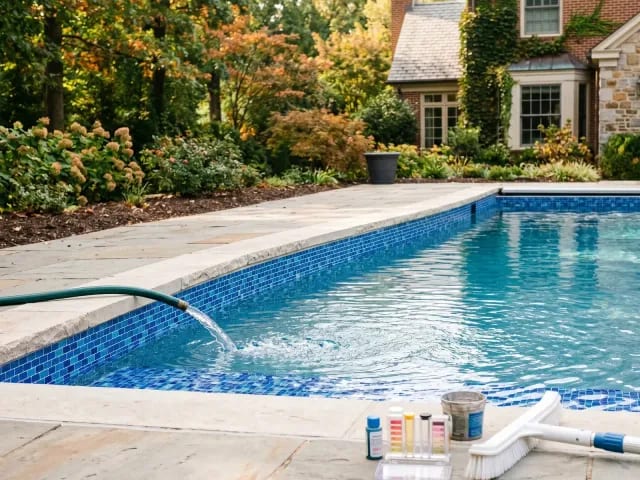 Pool refilling across new blue waterline tile with testing supplies nearby