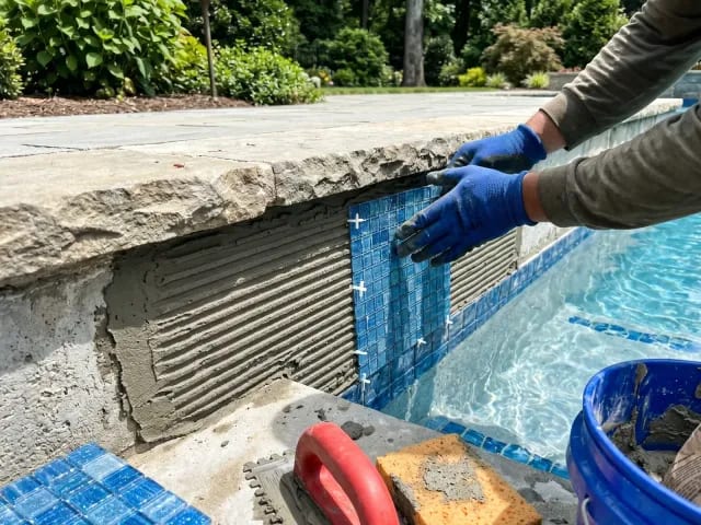Gloved hands setting blue mosaic tile sheets along an inground pool waterline