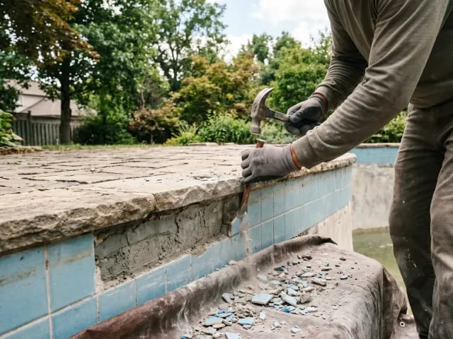 Old waterline tiles being removed from beneath natural stone pool coping