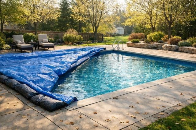 Blue winter pool cover being pulled back on a rectangular inground pool in early spring with bare trees budding and fallen leaves on the concrete deck of a suburban Virginia or Maryland backyard