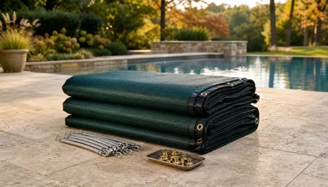 Folded dark-green mesh pool safety cover with stainless springs and brass deck anchors on a travertine pool deck