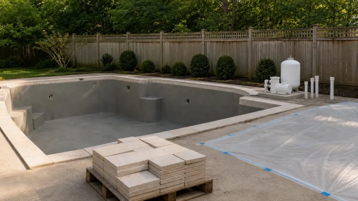 Empty pool shell with fresh gray bond coat, a pallet of coping stones, and a new pump and filter on the pad