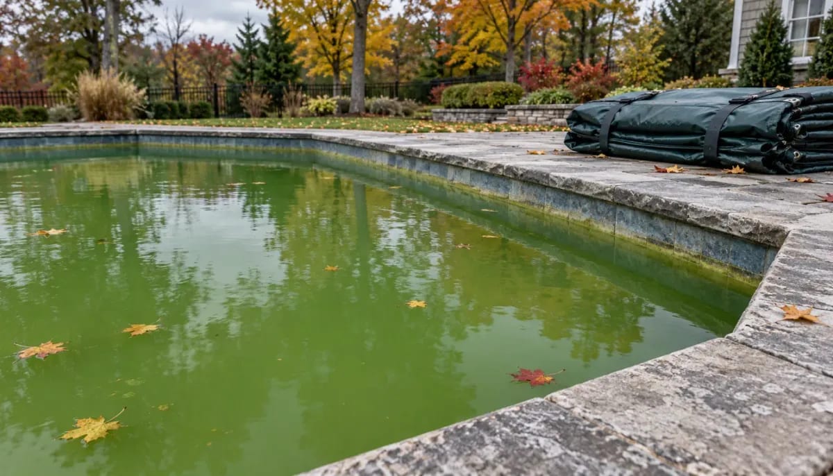 Green algae-filled inground pool with floating autumn leaves beside a folded winter cover on the stone deck
