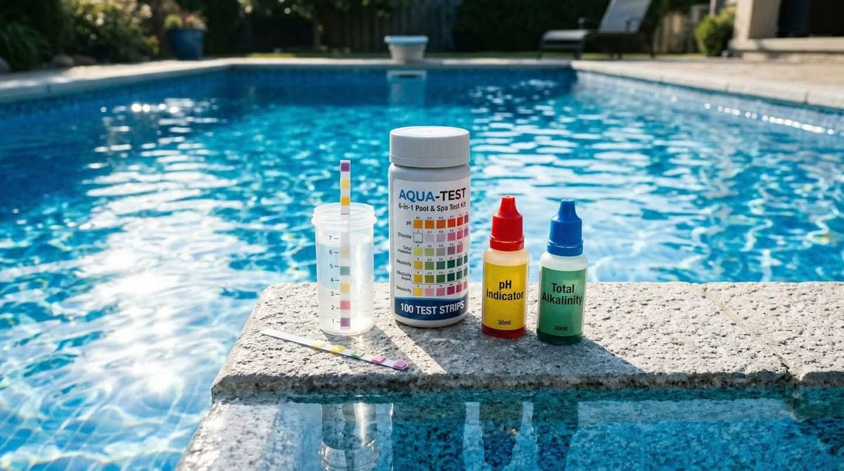 Aqua-Test 6-in-1 pool and spa test kit with 100 test strips, a test vial, pH indicator and total alkalinity reagent bottles arranged on a concrete pool coping ledge beside a clear blue rectangular inground pool on a sunny day