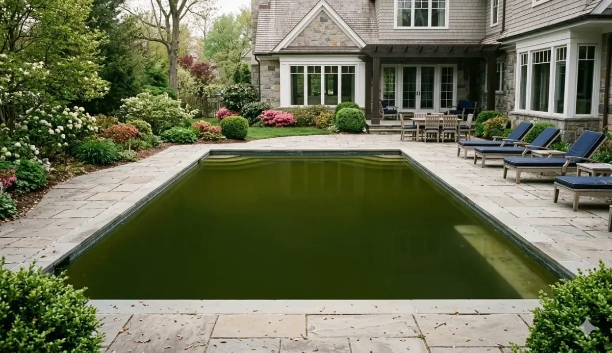Rectangular inground pool with dark green algae-filled water after winter on a bluestone patio beside a stone and shingle home with blooming spring landscaping and navy blue chaise lounges